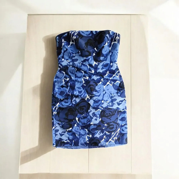 Anne Taylor Size 6 Blue Floral Lined Strapless Dress Mini - Picture 1 of 10